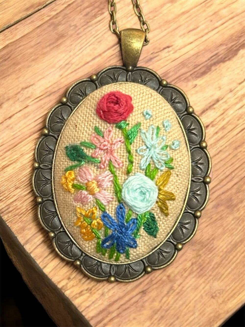 Bright Botanical Embroidery Pendant - Handmade Necklace, Embroidered Cameo